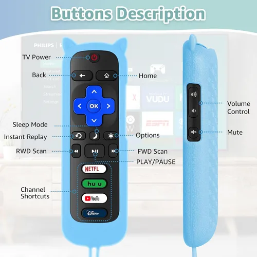 Vista 4 de (Paquete de 2) Repuesto para control remoto Roku TV con cubierta de 2Remote+Cubierta Azul Resplandor+Cubierta Verde Resplandor