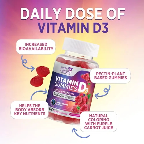 Vista 5 de Gomitas de vitamina D3 de 125 mcg (5000 UI) por porción, apoyo inmunológico y apoyo óseo, suplemento dietético de gomitas de vitamina D, suplemento