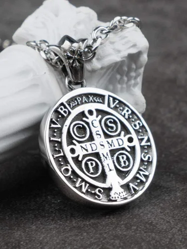 Vista 3 de Titanium Stainless Steel Cross Saint Benedict Medal Pendant Necklace for Men Women70cm Chain