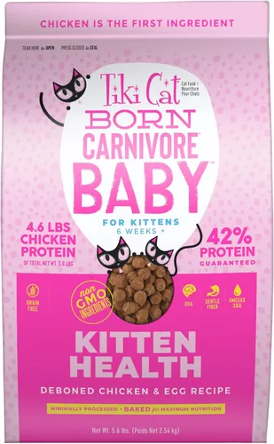 Vista 8 de Tiki Cat Born Carnivore Baby Kitten Health Alimento seco para gatos, pollo y huevo deshuesados, bolsa de 2.8 libras