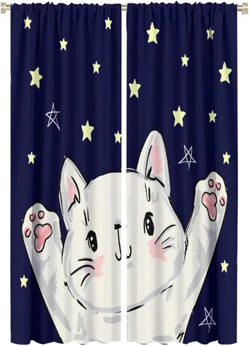 Vista 13 de Cortinas opacas de gato abstracto, arte simple, universo planeta, dibujos animados, lindo, divertido, colorido, gato, azul, niños, niñas, niños