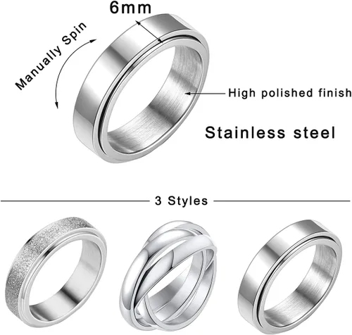 Vista 8 de Nanafast 3 anillos giratorios para la ansiedad, anillos giratorios de acero inoxidable para mujeres y hombres, anillos para aliviar el estrés
