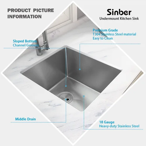 Vista 3 de Sinber HU1517S-S Fregadero de cocina de un solo compartimento bajo encimera de 16" x 18" x 8" con acero inoxidable 304 calibre 18 acabado satinado