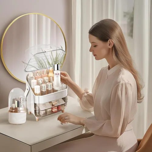 Vista 2 de Juego organizador de cosméticos - Caja de maquillaje con soporte para brochas, organizador de almacenamiento para el cuidado de la piel con cajones