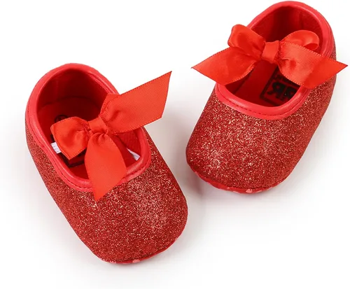 Vista 6 de Zapatos planos Mary Jane para bebé niña, con lazo brillante, vestido de princesa, zapatos de cuna antideslizantes para niños pequeños que caminan