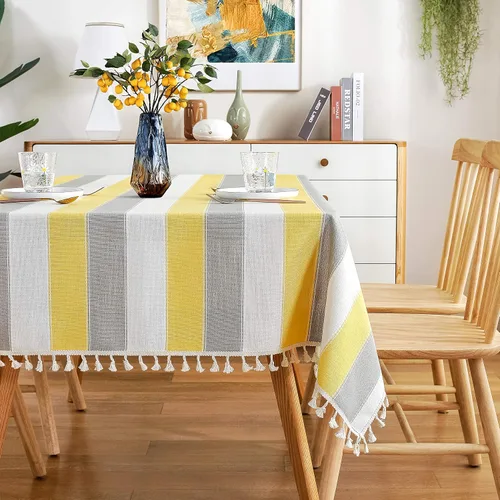 Vista 9 de AmHoo Mantel rectangular con borlas a rayas para mesa de cocina y comedor, 55 x 55 pulgadas, color verde azulado