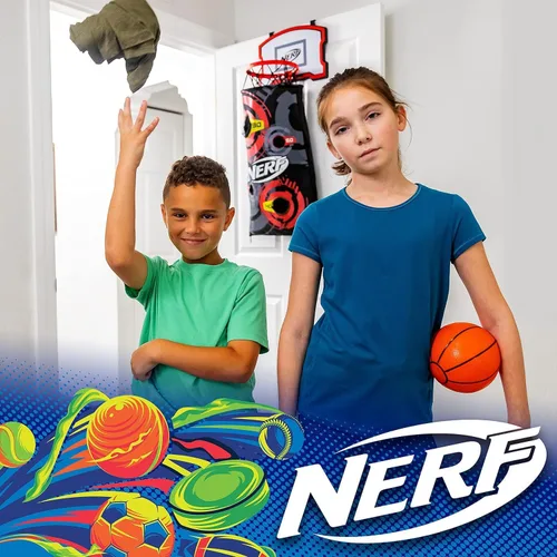 Vista 7 de NERF Cesta de aro de baloncesto – Cesta para ropa sucia sobre la puerta + objetivo de disparo – Mini canasta de aro + juego de baloncesto