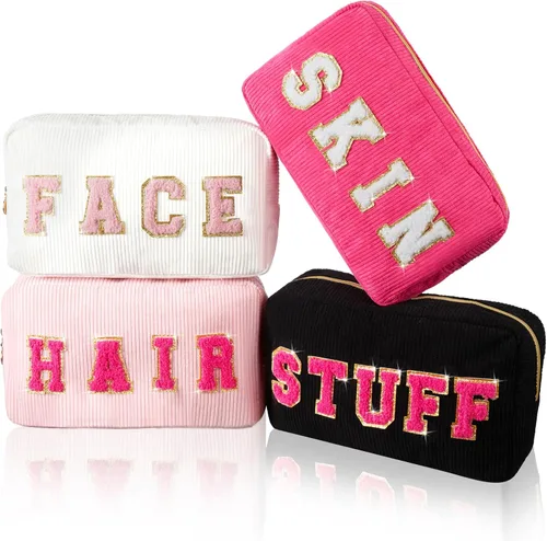 Vista 15 de Pinkunn 4 Piezas Bolsas de Maquillaje Preppy Bolsas de Chenilla con Letras de Viaje Organizador Facial Piel Cabello Higiene Cosmética Bolsa de Aseo