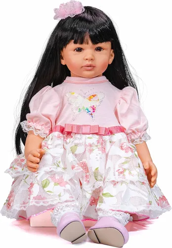 Vista 5 de Muñecos de bebé Reborn realistas de 24 pulgadas, cuerpo de tela de piel marrón con vestido de princesa, los mejores juegos de regalo de Navidad