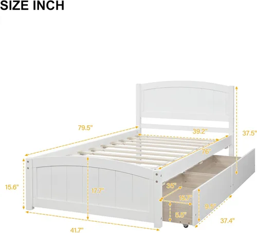 Vista 2 de Harper & Bright Designs Cama individual con cajones, plataforma de madera maciza con almacenamiento y cabecero, estribo, soporte de listones