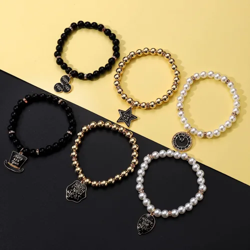 Vista 4 de PHALIN Pulseras de feliz año nuevo para mujer, pulseras elásticas con cuentas de perlas CCB, pulsera brillante con dije de estrellas, pulsera de Año