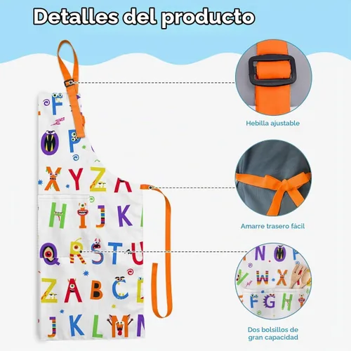 Vista 4 de SANDJEST Juego de delantal para niños con gorro de chef, regalos de delantal de cocina Alfabeto