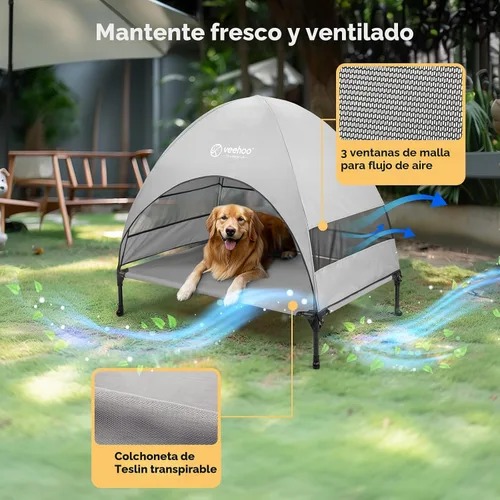 Vista 3 de Veehoo Cama para perros con dosel para exteriores, cuna elevada para mascotas con toldo extraíble y enfriamiento, pies antideslizantes, cuna elevada