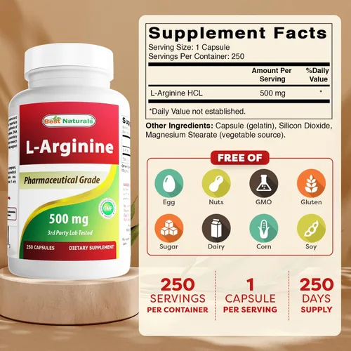 Vista 2 de Best Naturals L-Arginina 500mg 250 Cápsulas - Suplemento de arginina de grado L farmacéutico promueve la síntesis de óxido nítrico