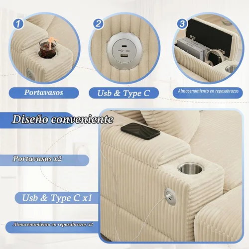 Vista 5 de Sofá seccional de 86.6 pulgadas con 2 otomanas, cómodo sofá convertible modular Cloud tapizado de pana con portavasos y USB, almacenamiento