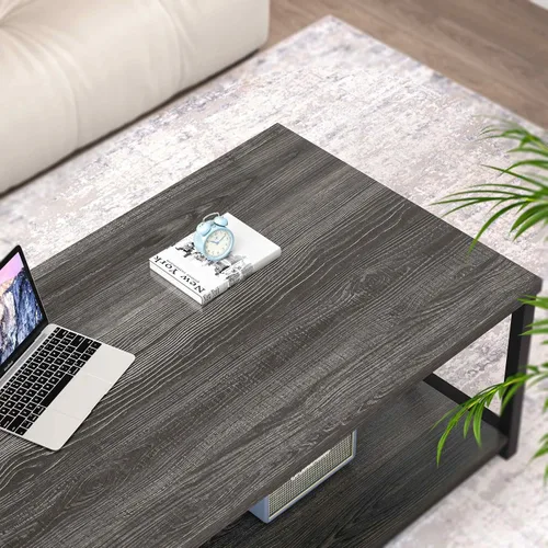 Vista 4 de FOLUBAN Mesa de centro con almacenamiento, mesas centrales pequeñas modernas para espacios pequeños, mesa de cóctel de madera rústica y metal