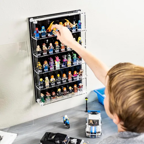 Vista 4 de Vitrina de minifiguras de acrílico, estantes de almacenamiento de figuras pequeñas de montaje en pared con fondo negro, capacidad para 40