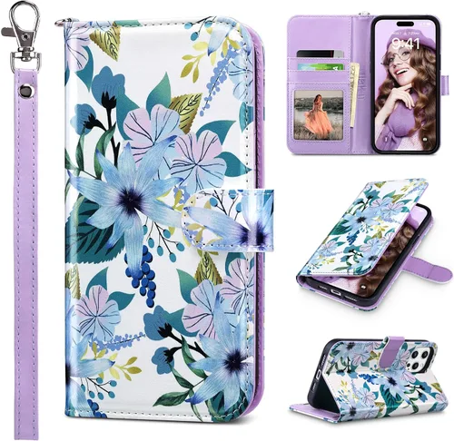 Vista 39 de ULAK Funda tipo cartera compatible con iPhone 15 Pro con tarjetero y diseño de flores, para mujeres y niñas, piel sintética, con función atril