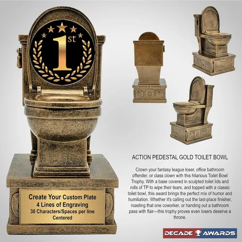 Vista 3 de Decade Awards Trofeo de pedestal dorado para inodoro con insertos opcionales, 7 pulgadas de alto, placa grabada bajo petición 1er lugar