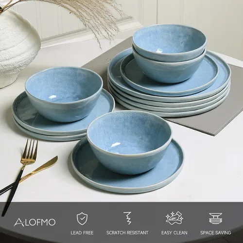 Vista 4 de Farrar 18 Piece Water Ripple Design Stoneware Dinnerware Sets，service For 6, Blue Beige
