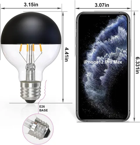 Vista 5 de Bombilla media cromada, regulable de 6 W (equivalente a 60 vatios), bombillas LED Edison G25/G80, mitad negra, forma de globo, 2700 K, blanco Negro