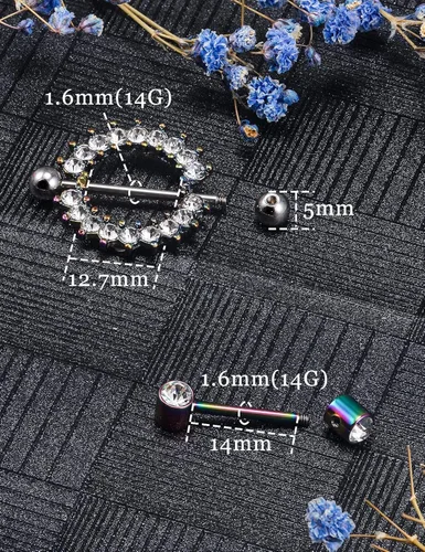 Vista 6 de Oufksiyy - 12 pares de anillos para pezón con piedra de circonita cúbica, acero inoxidable 316L, 0.49oz, 0.49oz, para pezón, para mujer, joyería