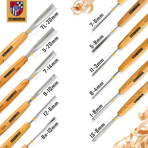 Vista 11 de Kit de tallado de madera, juego de herramientas de tallado de madera de 12 cinceles y mazo con estuche de lona, juego de cuchillos de tallado