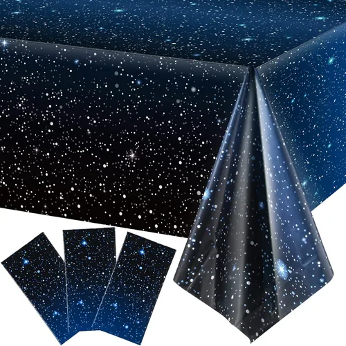 Vista 7 de 1 mantel espacial de noche estrellada, decoración de mesa de galaxia de plástico, suministros de fiesta temática de estrellas espaciales