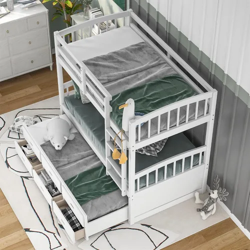 Vista 4 de Harper & Bright Designs Litera de madera maciza con nido, litera individual sobre individual con 3 cajones de almacenamiento y riel de seguridad, se