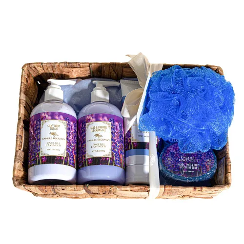 Vista 6 de Camille Beckman Cesta de regalo Essentials, Camille, terapia de manos de glicerina de 6 onzas, crema corporal sedosa de 13 onzas, gel limpiador