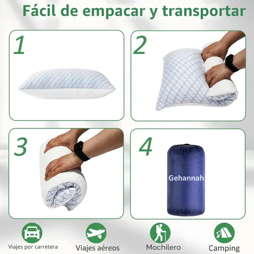 Vista 6 de Almohada de viaje – Paquete de 2 almohadas pequeñas comprimibles para acampar para dormir, almohada de espuma viscoelástica triturada con bolsa