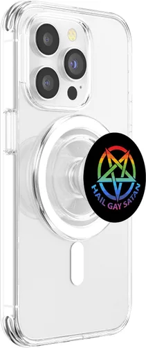 Vista 3 de PopSockets MagSafe PopGrip para iPhone con texto en inglés «Hail Gay Satanás»