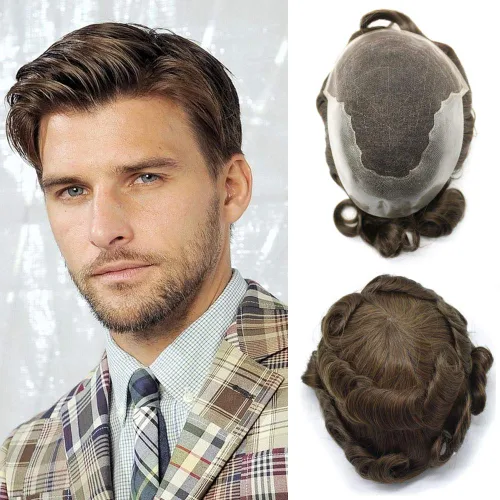 Vista 94 de Toupee para hombres pieza de pelo suave suizo encaje real sistema de cabello humano reemplazo blanqueado nudo mens tupé sistema de pelo para hombres
