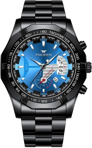 Vista 8 de Paquete de 4 relojes de acero inoxidable para hombre, impermeable, fecha, luminoso, esfera grande, oro, plata, negro, azul, vestido de negocios