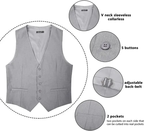Vista 4 de Alizeal Chaleco clásico de color sólido para hombre, chaleco de esmoquin de ajuste regular para boda