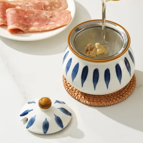 Vista 3 de Elyfree Recipiente de grasa de tocino con colador, protector de grasa de tocino de cerámica con colador de 23 onzas, almacenamiento de aceite