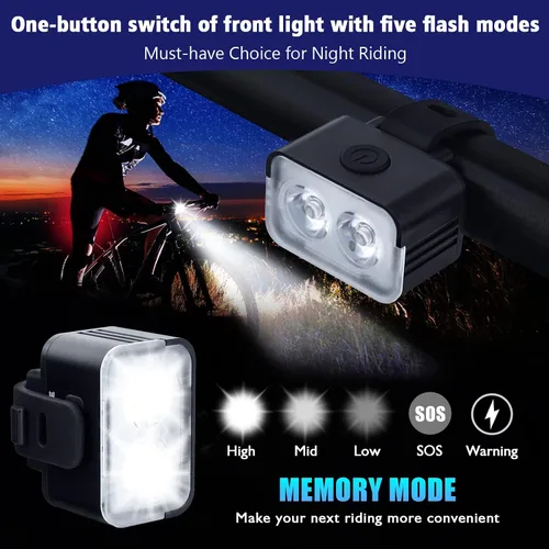 Vista 2 de Potente juego de luces recargables para bicicleta: luces delanteras y traseras de bicicleta inteligentes multimodos ultra brillantes con focos