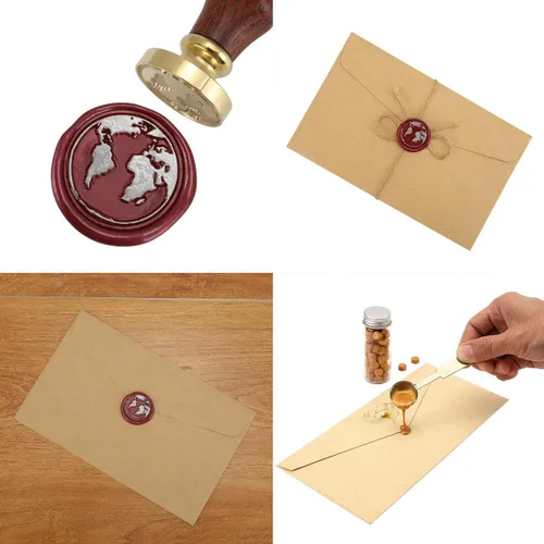 Vista 7 de Yoption Earth Map - Sello de cera con cabeza de latón vintage con mango de madera, sello de cera para invitaciones de boda, sobres, regalos