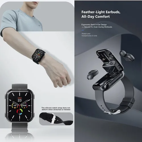 Vista 4 de Tuanzi Reloj inteligente T1 2 en 1 con auriculares inalámbricos 1.8 pulgadas HD Fitness Tracker con monitor de frecuencia cardíaca 19 modos