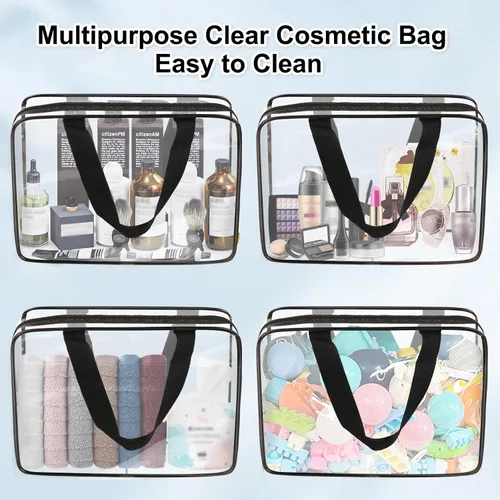 Vista 4 de APREUTY Bolsas de maquillaje transparentes, aprobadas por la TSA, juego de 3 bolsas de maquillaje grandes de PVC transparente con asa de cremallera
