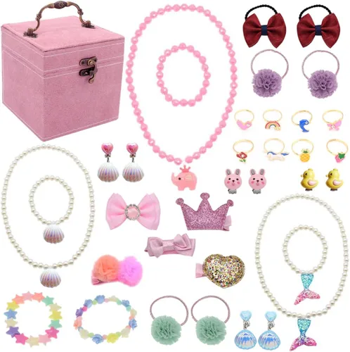 Vista 2 de Joyero de 3 capas con espejo y 35 piezas de joyería de princesa para niña, accesorios de vestir, juego de juguete