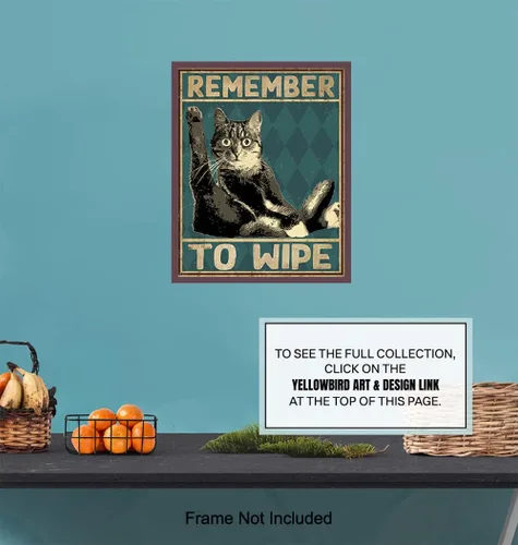 Vista 7 de Divertida decoración de baño de gato, póster con texto en inglés "Remember to Wipe Cat", decoración de pared de baño, decoración de pared de baño
