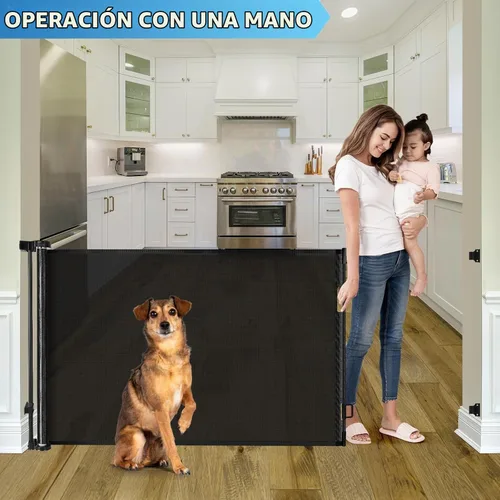 Vista 4 de Puertas retráctiles para bebés para puertas, puerta retráctil para perros de 55 pulgadas de ancho para escaleras, puertas de malla para perros