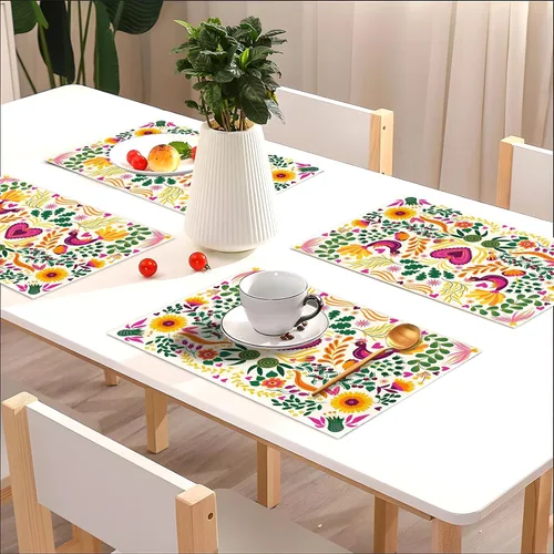 Vista 2 de Sunwer Juego de 4 manteles individuales de fiesta mexicana, diseño floral de Cinco de Mayo, decoración de fiesta del Día de los Muertos, decoración