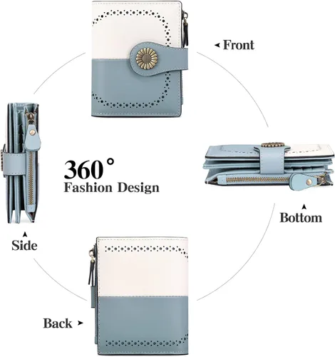 Vista 5 de SENDEFN Cartera pequeña de cuero plegable para mujer, con bloqueo RFID y bolsillo para monedas con cremallera, 5-Azul y blanco, Cartera pequeña