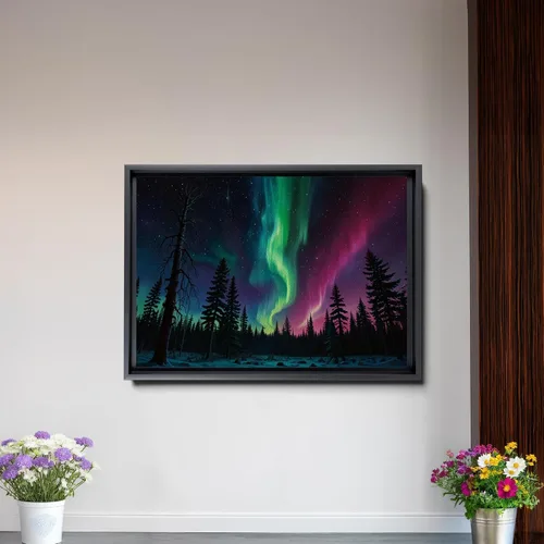 Vista 2 de Aurora Borealis, Northern Lights Art, framed canvas print, snow capped mountain landscape art, synthwave vaporwave, Canvas Art, Decor