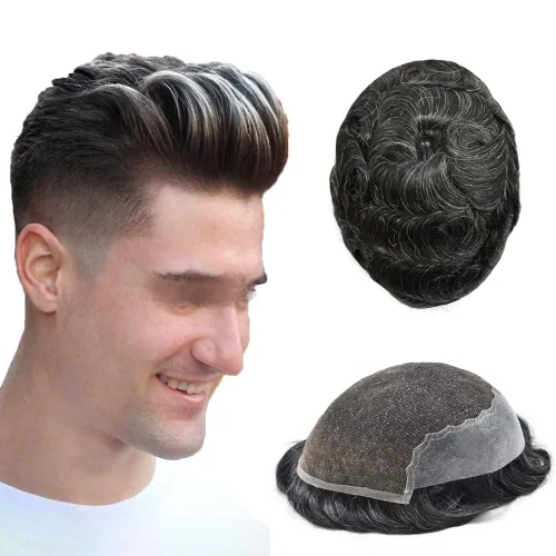 Vista 92 de Mens Toupee Natural Hairline Swiss Lace Toupee Remy Human Hair Piece For Men Bleached Knots Mens Hair Replacement System Toupee 6X8#1 Jet Black 100%