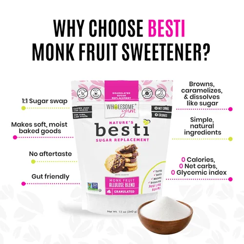 Vista 3 de Wholesome Yum Besti - Sustituto natural de azúcar, mezcla de edulcorante de fruta de monje granulada cetogénica con alulosa (sin eritritol), sin