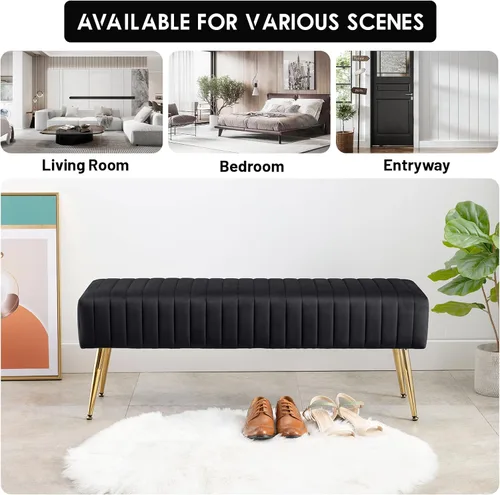 Vista 7 de Furniliving Banco de 44 Pulgadas para Dormitorio, Bancos Otomanos Tapizados con Tela Rayada y Tufting con Patas de Metal en Forma de X para Sala