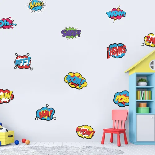 Vista 4 de Calcomanías de pared con palabras de cómic de superhéroe, paquete de 12 calcomanías de efectos de sonido de acción, vinilo impermeable y duradero